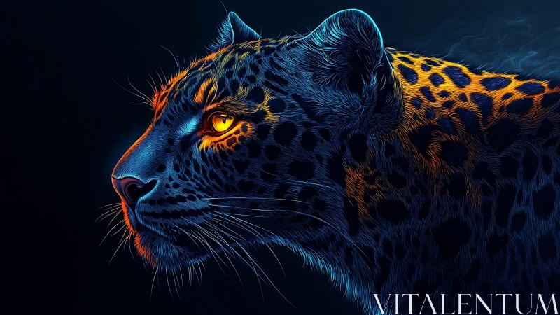 Neon-lit leopard portrait with luminescent eyes against dark background.