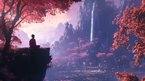 Solitary figure meditating above valley with pink forest