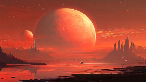 Red alien seascape with dual moons and distant spires.