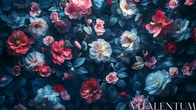 Dimensional florals arranged densely against deep teal backdrop with volumetric lighting.