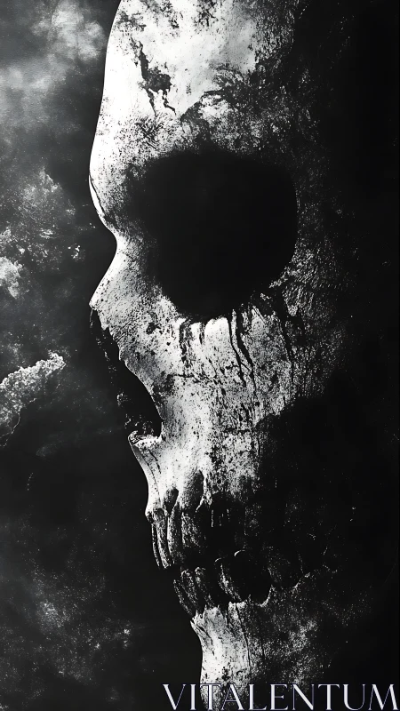 High contrast eroded skull profile rendered in harsh monochrome
