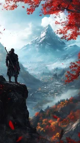 Digital painting of lone warrior surveying misty mountain valley.