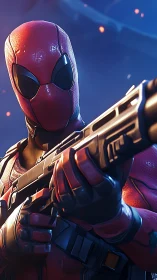 Digital painting of masked gunman in dynamic close-up pose.