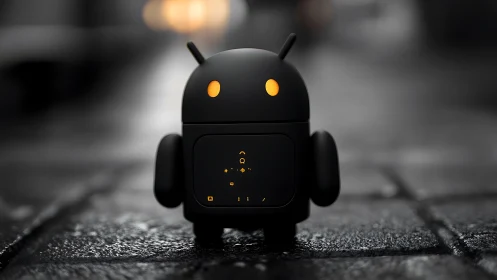 Cute glowing-eyed robot buddy brightens a moody street.