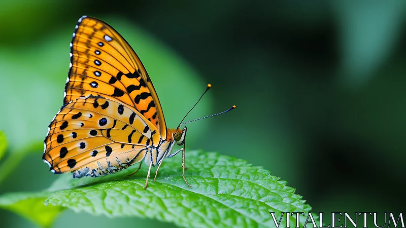 Bright orange butterfly rests gently on a fresh green leaf