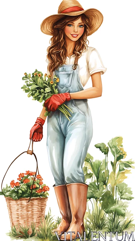 Female gardener stands holding basket and freshly cut greens