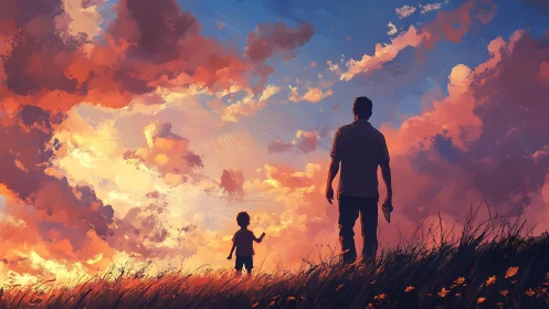 Sunset guardians strolling beneath a wildfire-painted sky.