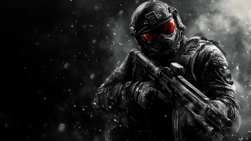 Crimson Visor Vanguard in a Storm of Digital Gunmetal.