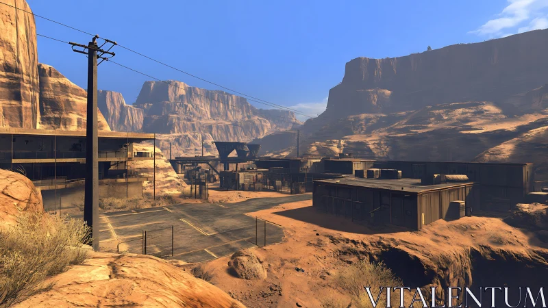 Desert industrial outpost set in rocky canyon landscape.