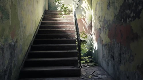 Sunlit abandoned staircase where creeping plants reclaim space.