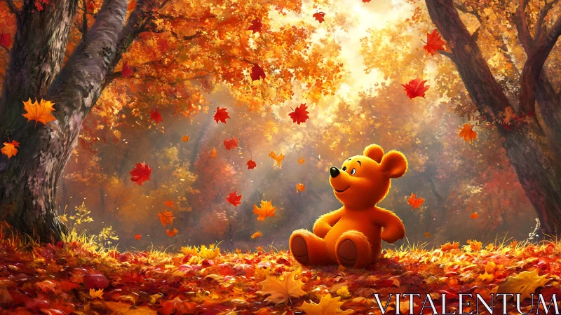 Orange bear under autumn trees with falling leaves.