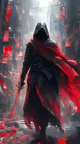 Hooded cyber assassin strides through neon red alleyway.