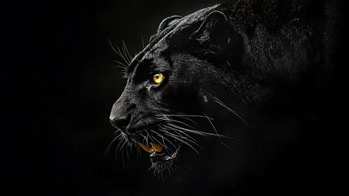 Black Panther Head in Profile Against Dark Background.