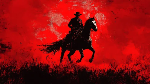Silhouetted rider on horseback against textured red field.