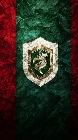 Grunge dragon crest on red and green vertical banner.