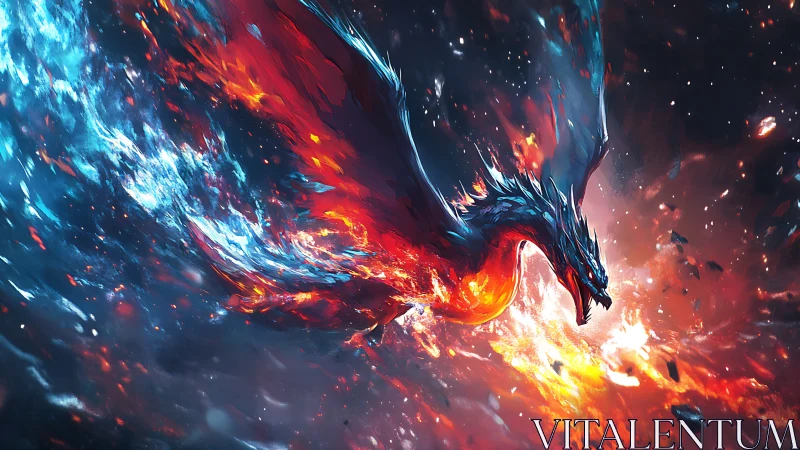 Fire and ice dragon racing through a shattered cosmic storm.