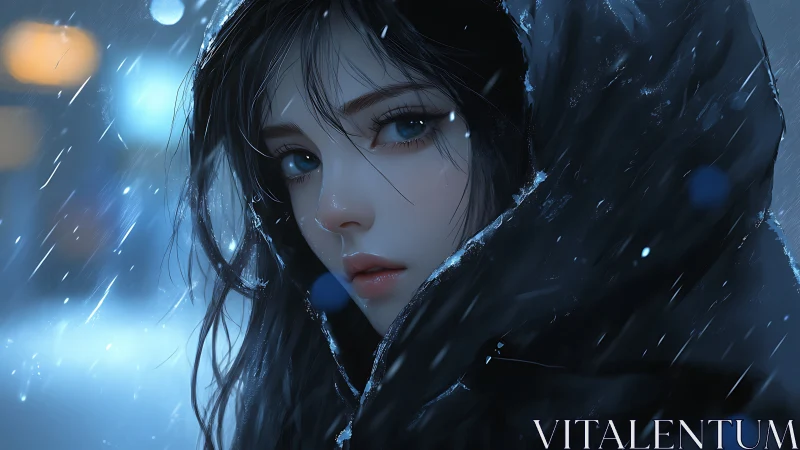 Hooded girl in rainy night street, soft blue lighting.