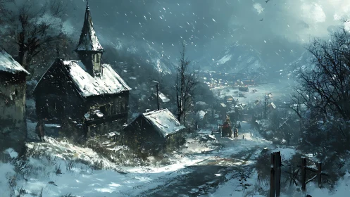 Snowbound village road hums under storm-heavy winter sky.