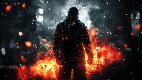 Lone figure in burning rainstorm against dark cityscape.