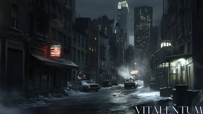 Noir urban alleyway rendered in high-contrast digital painting