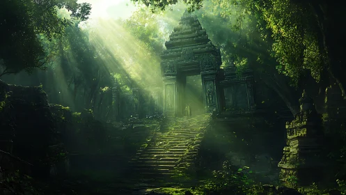 Stone temple entrance in dense forest with slanting light rays.