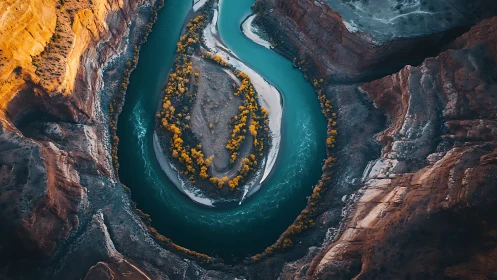 Emerald river loop cradling autumn-gold island in canyon embrace.