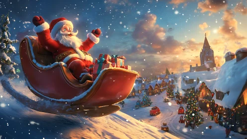 Joyful Santa glides above a glowing Christmas village at dusk