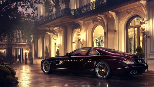 Luxury coupé waits under golden lights of a grand hotel
