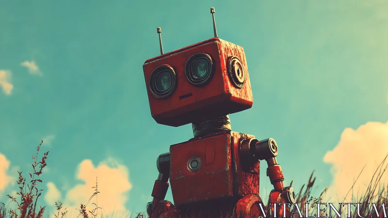 Rustic red field robot under teal sky with soft sunlight.