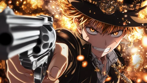 Ballistic anime gunslinger in infernal kinetic close-up.