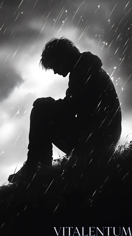 Backlit silhouette of seated figure under diagonal heavy rain