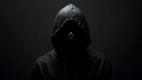 Hooded cipher in shadowed void with stark geometric emblem.