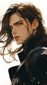 Brooding long-haired figure turns sharply under pale light