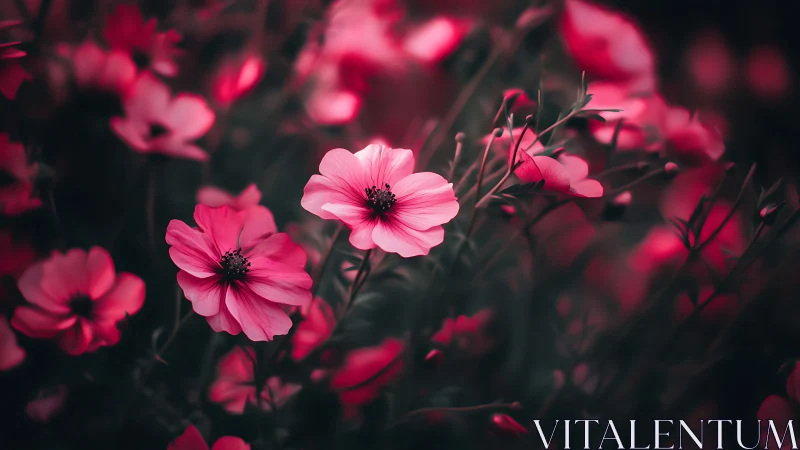 Pink cosmos flowers with dark foliage background.