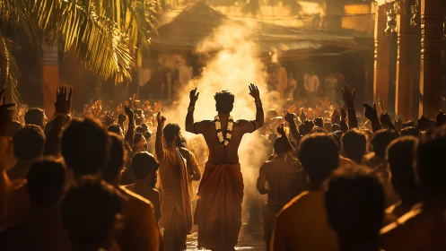 Dense outdoor ritual crowd under warm backlit temple smoke.