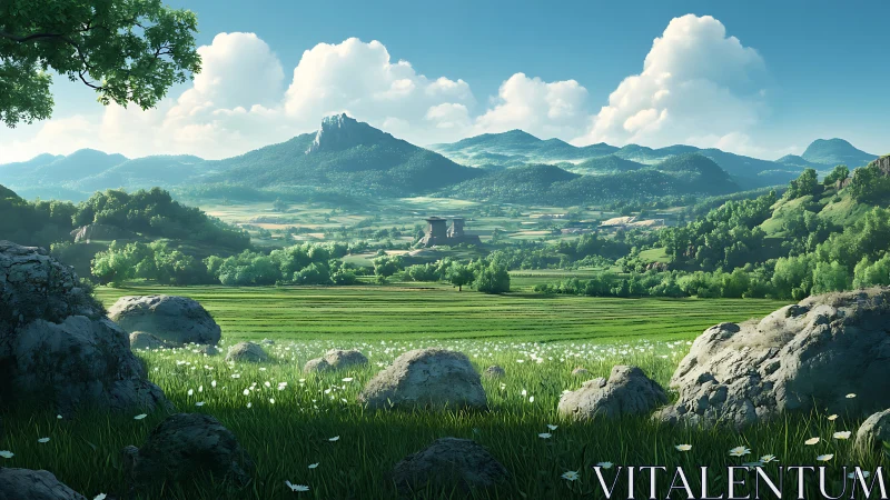 Wide valley landscape renders layered depth with volumetric clouds