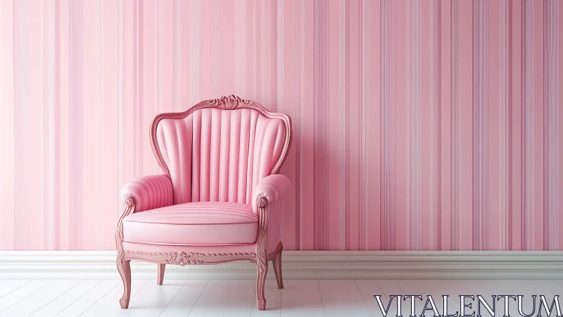 Classical pink armchair anchors a minimalist striped interior