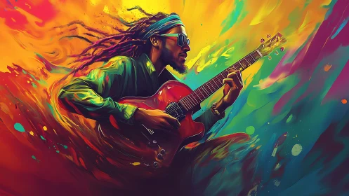Guitarist with dreadlocks in saturated abstract color field.