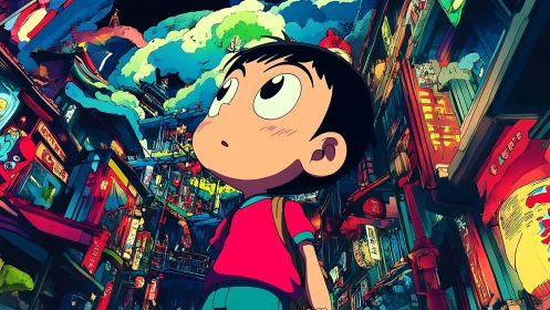Curious child explores neon anime city under vivid skies.