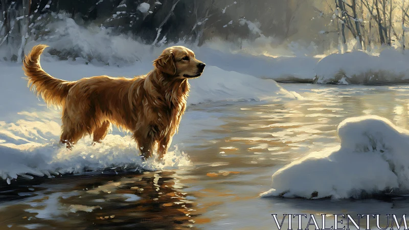 Digital painting of golden retriever in luminous winter stream.