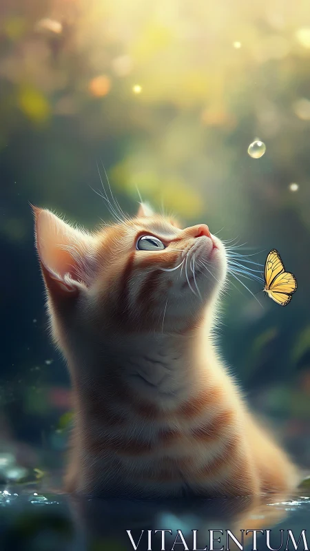 Curious orange kitten watching butterfly in soft sunlight.