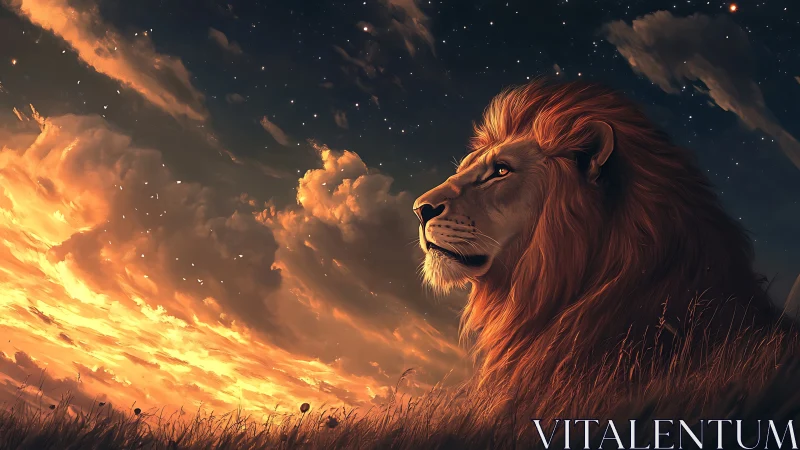 Lion profile against luminous clouded dusk sky.