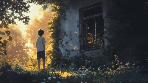 Boy before sunlit ruins beside overgrown windowed wall.