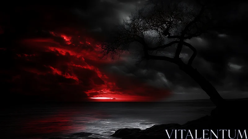Leaning shoreline tree watches a burning crimson horizon