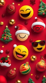 3D Christmas emojis with ornaments on red festive background.