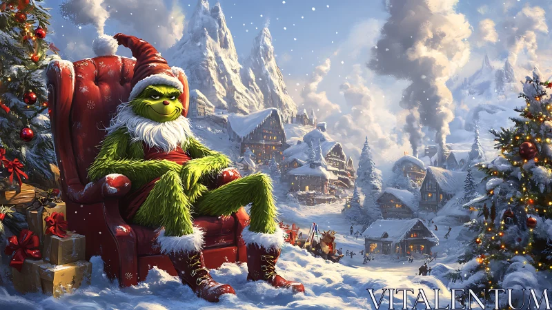 Grinchy king lounges over a glittering storybook village