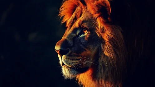 Side-lit lion portrait with high-contrast dramatic rim lighting