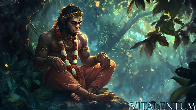 Mythological monkey figure in orange robes in forest setting.