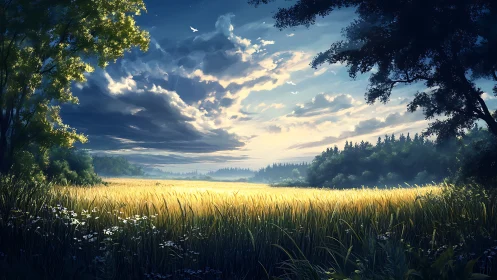 Sunlit meadow opens beneath dramatic evening sky