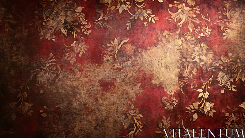 Worn red floral surface displays distressed ornamental pattern